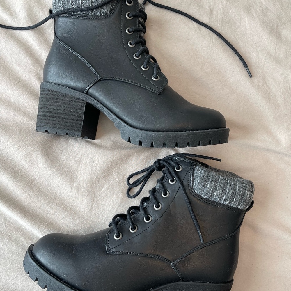 Black and Gray Lace Up Boots with Chunky Heel
